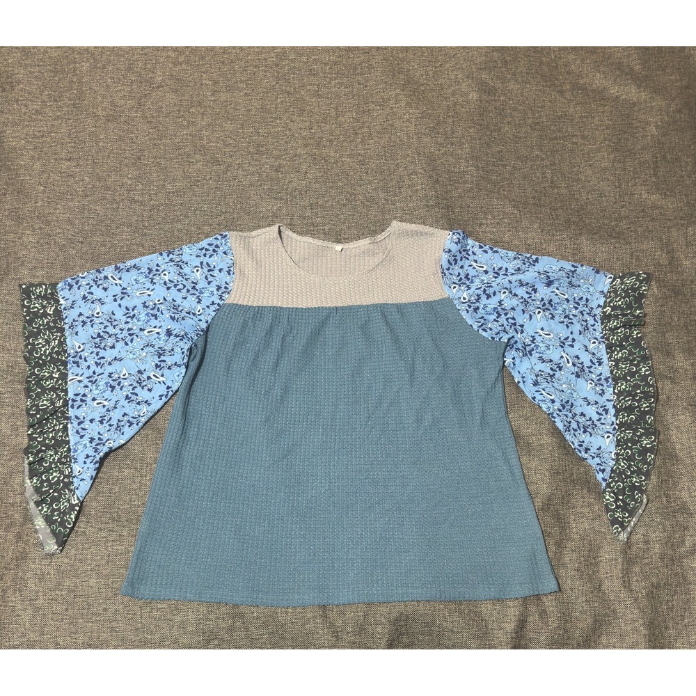 Unbranded Women's 3XL Blouse Blue‎ Floral Waffle Knit Bell Sleeve Boho